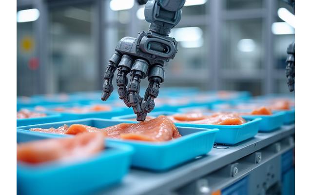 Automated packaging line for sorted fish products.