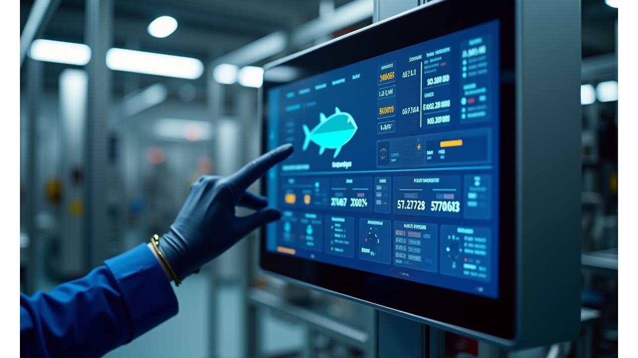 Advanced control panel for automated processing machinery, showing real-time data.