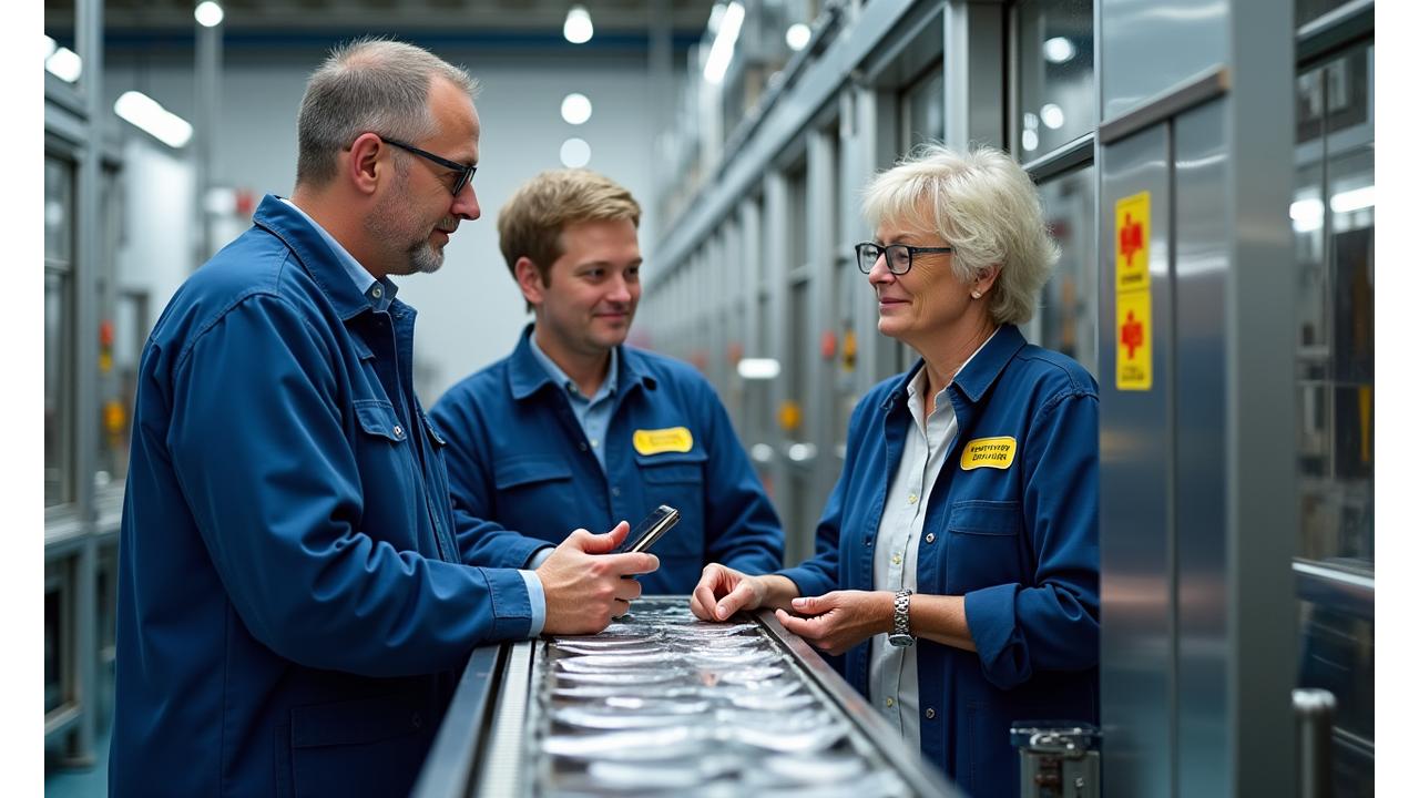 Two seafood processing plant managers discussing custom machinery performance