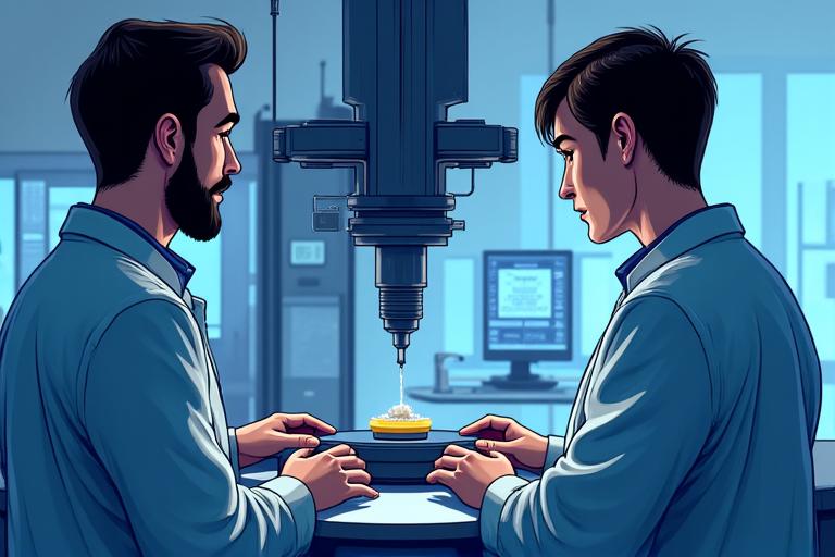 Engineers observing material stress tests in a specialized laboratory, showing advanced composites under extreme load.
