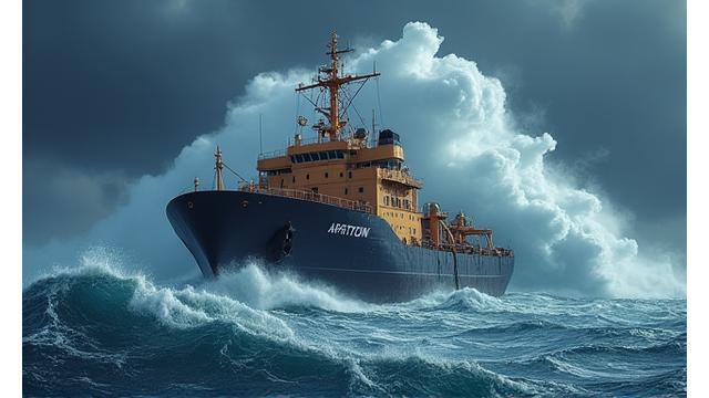 Fishing vessel in heavy seas, showing robust construction and secure deck equipment battling large waves.