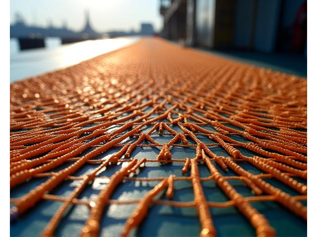 Intricate design of a large-scale trawling net, ready for deployment, highlighting precision engineering.