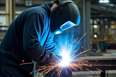 Skilled welder meticulously joining large marine structural components with visible sparks, emphasizing strong welds.