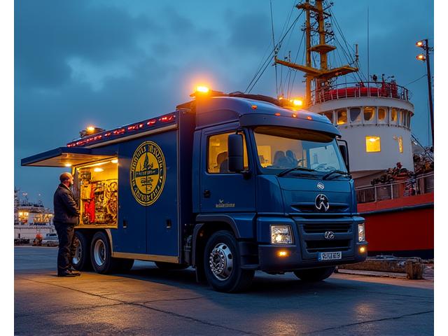 Riverine Forge mobile repair unit responding to an emergency at a dockside industrial vessel