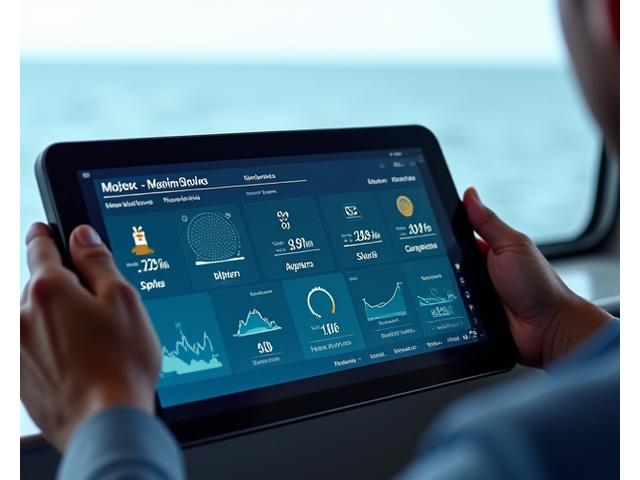 IoT monitoring dashboard showing real-time vessel data including engine performance, fuel levels, and environmental conditions.