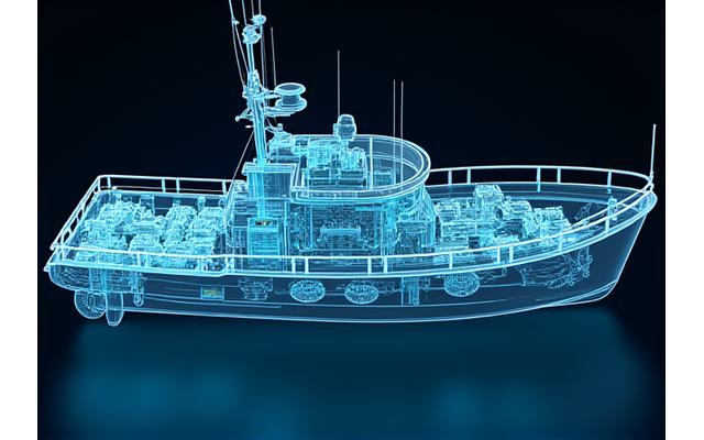 A detailed cross-section diagram of a fishing vessel showing new engine components and integrated automation systems being installed during a retrofitting process.